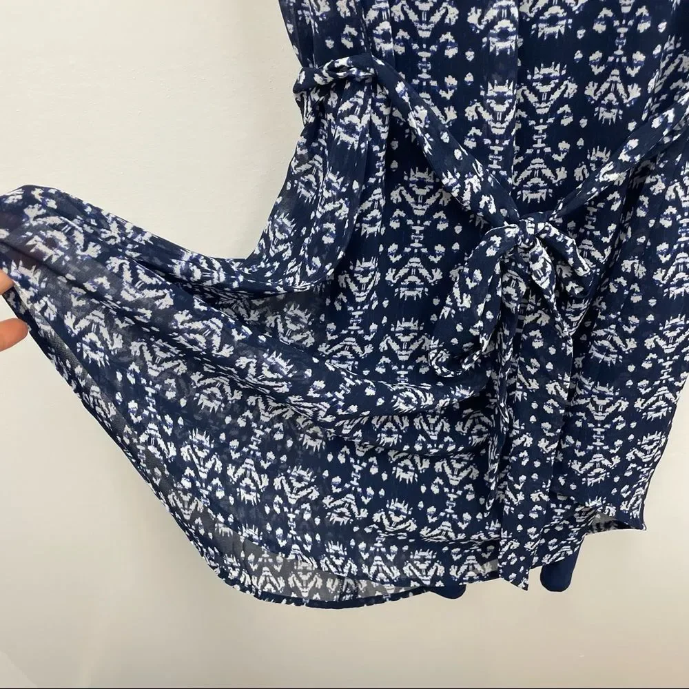 🔴LOFT Blue Printed Short Sleeve Belted Chiffon Crew Neck Summer Mini Dress SP - Picture 7 of 9
